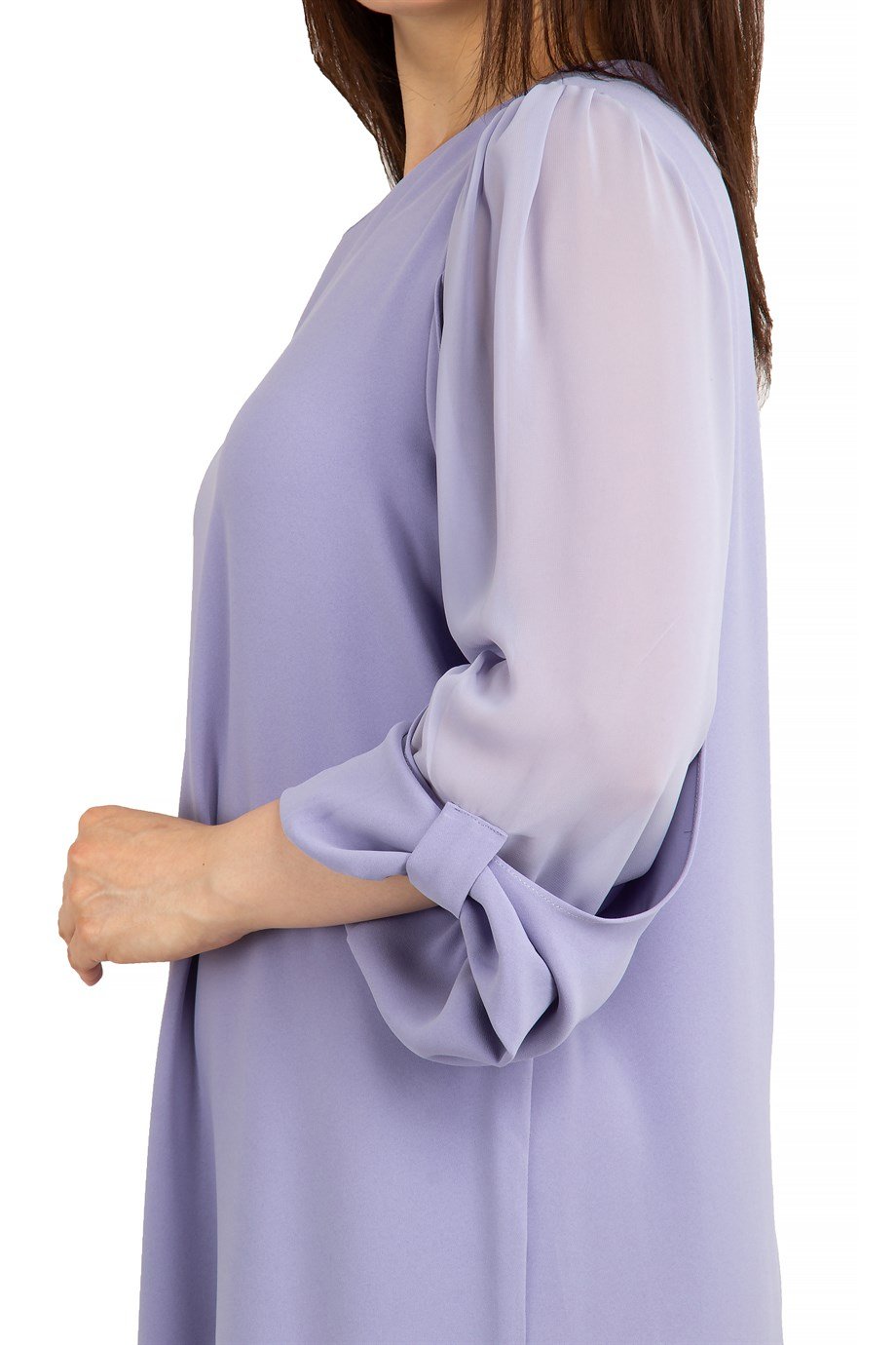 Tulle-Sleeve Plain Midi Big Size Dress - Lilac