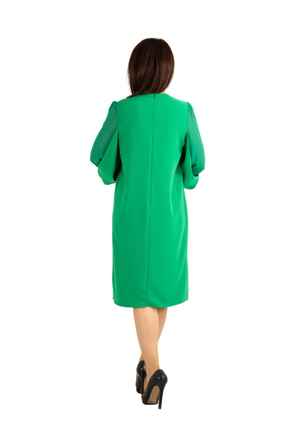 Tulle-Sleeve Plain Midi Big Size Dress - Grass Green