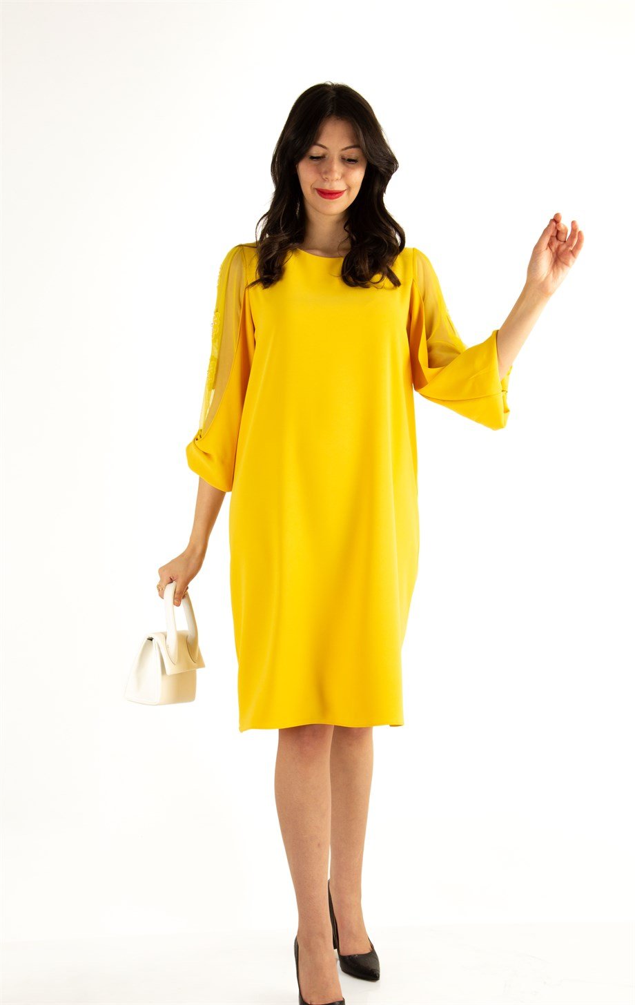 Tulle-Sleeve With Flower Detail Plain Midi Big Size Dress - Yellow