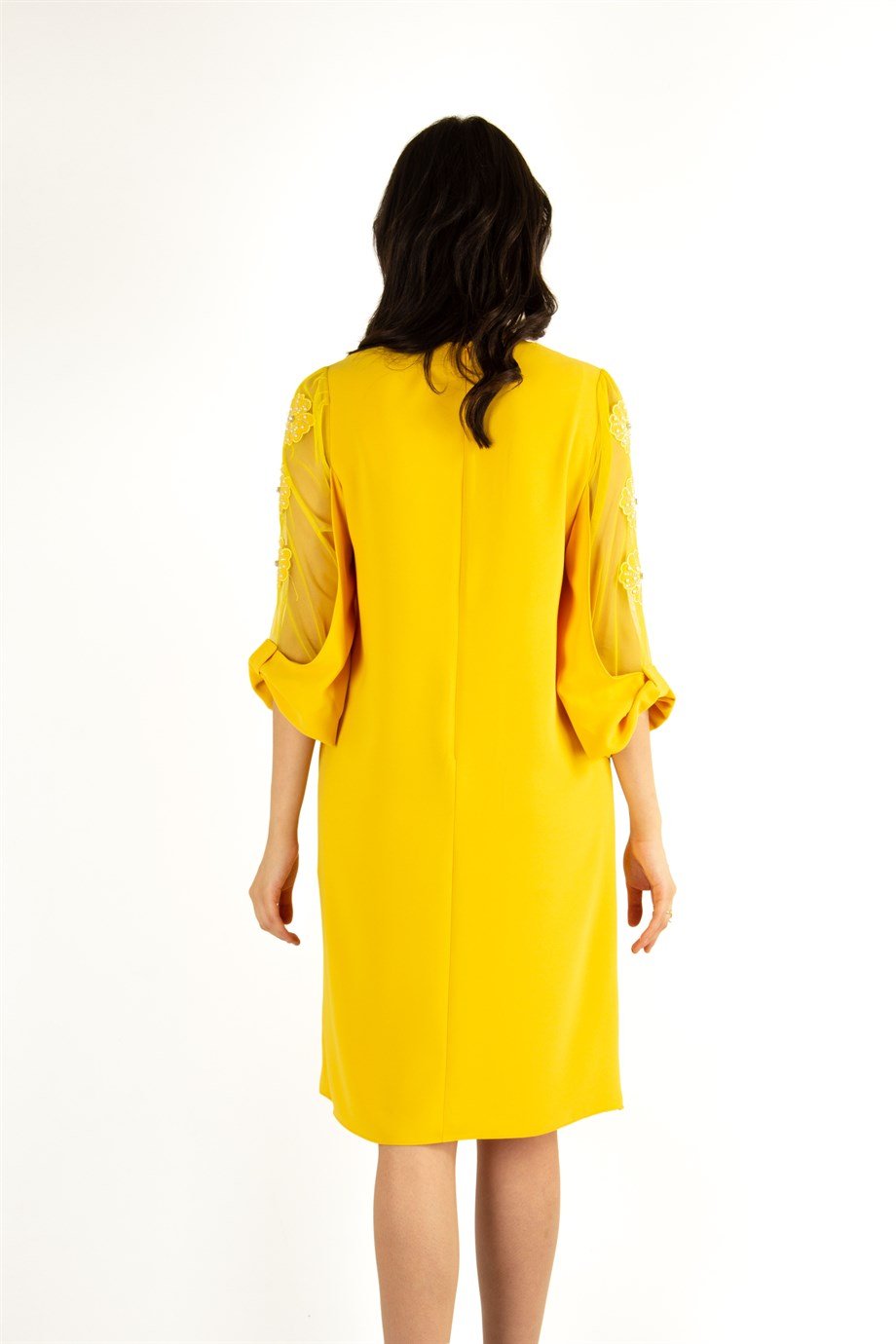 Tulle-Sleeve With Flower Detail Plain Midi Big Size Dress - Yellow