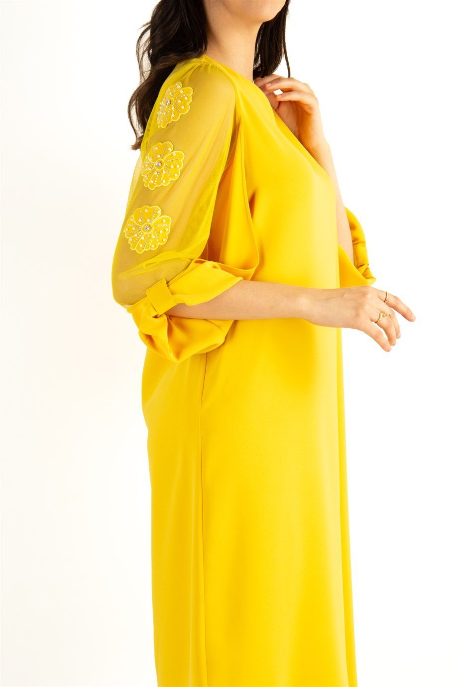 Tulle-Sleeve With Flower Detail Plain Midi Big Size Dress - Yellow