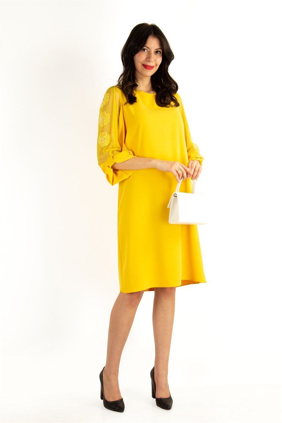 Tulle-Sleeve With Flower Detail Plain Midi Big Size Dress - Yellow