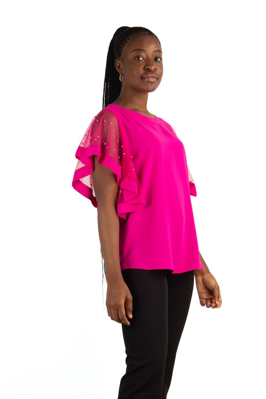 Tulle Stone Detailed Sleeve Big Size Blouse - Fuchsia