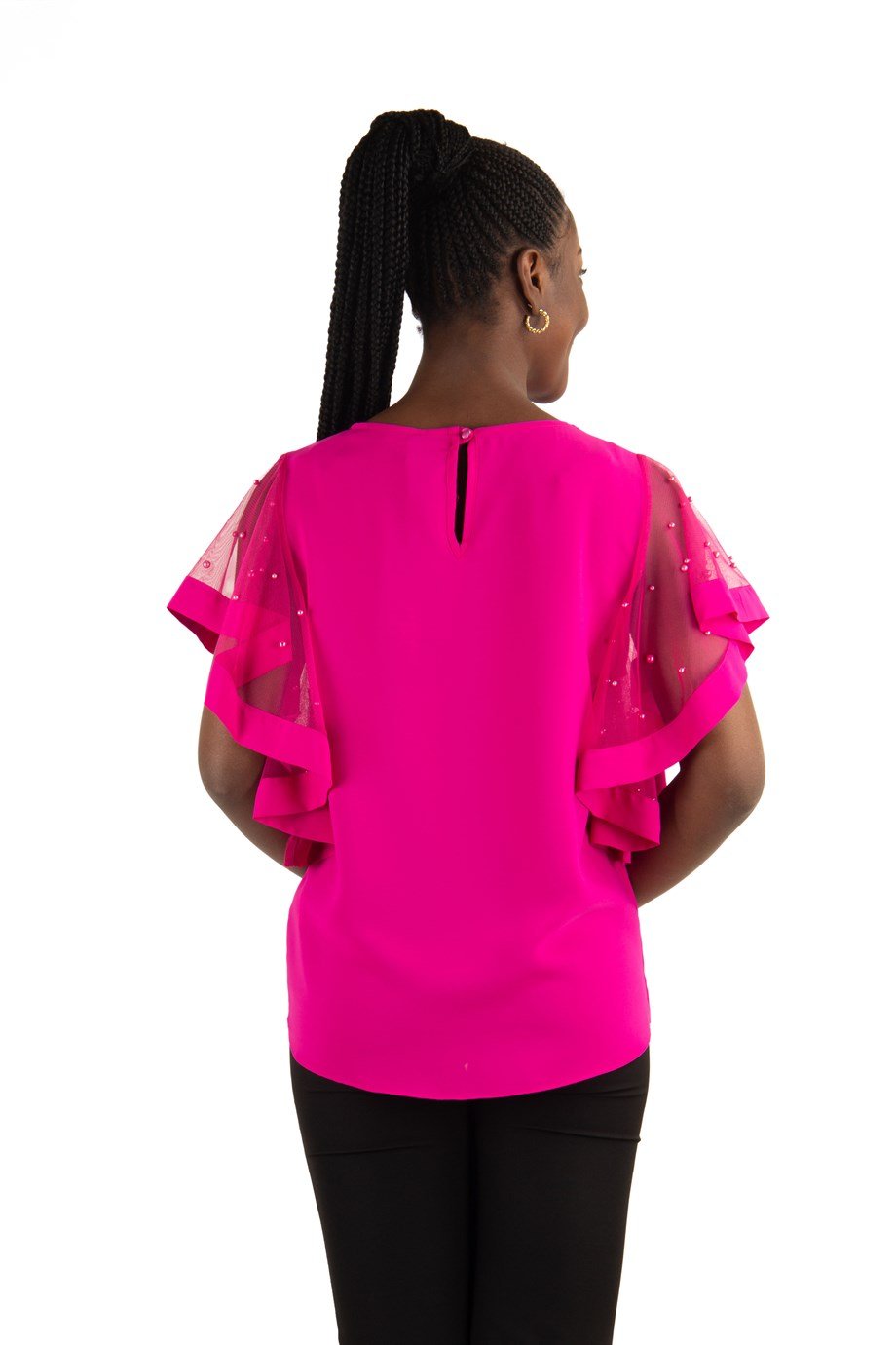 Tulle Stone Detailed Sleeve Big Size Blouse - Fuchsia