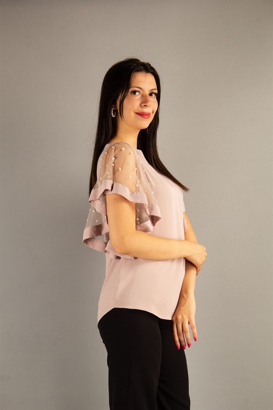 Tulle Stone Detailed Sleeve Big Size Blouse - Powder