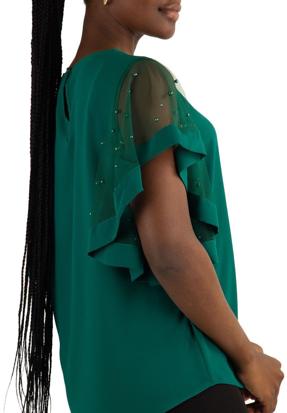 Tulle Stone Detailed Sleeve Big Size Blouse - Emerald Green
