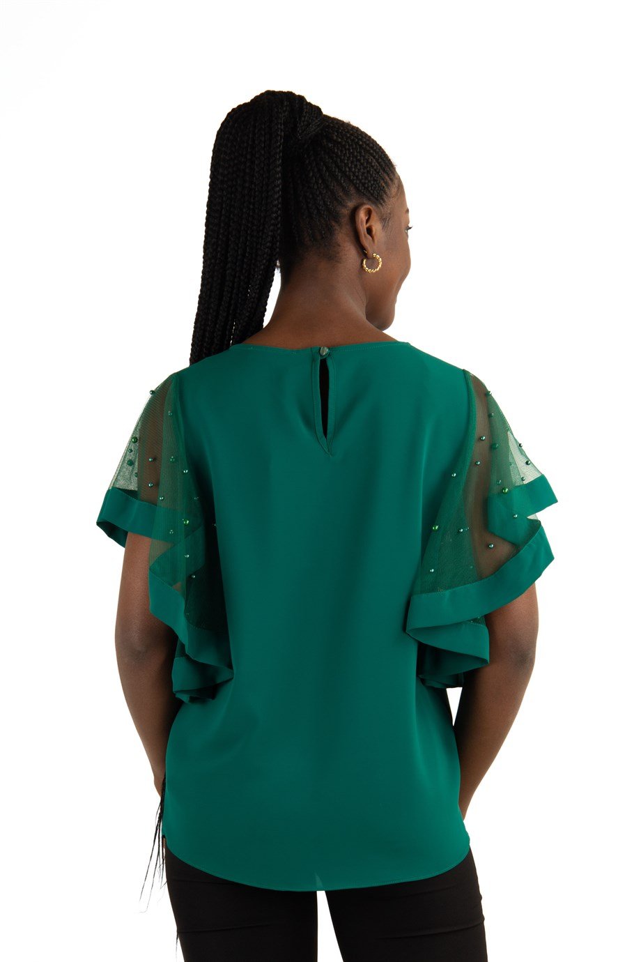 Tulle Stone Detailed Sleeve Big Size Blouse - Emerald Green