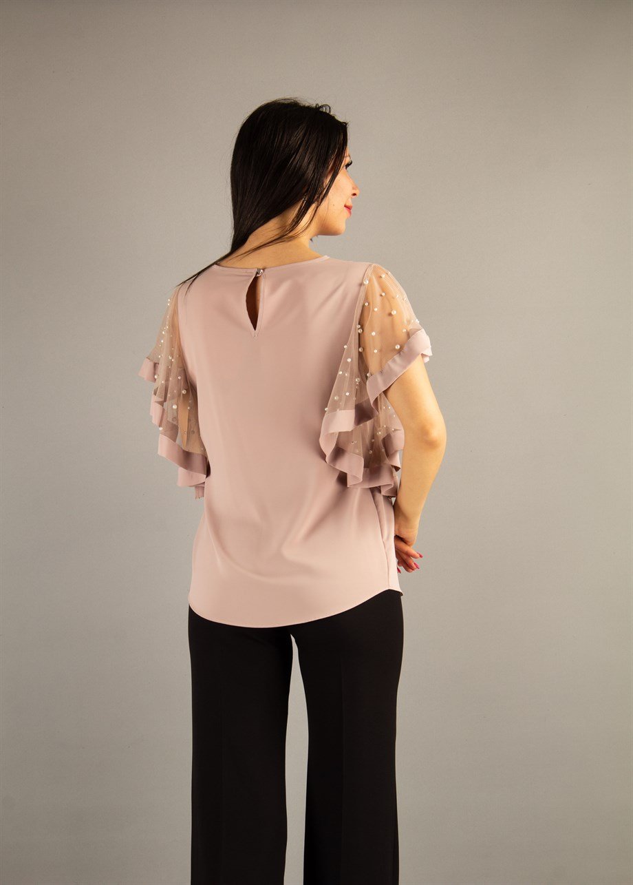 Tulle Stone Detailed Sleeve Big Size Blouse - Powder