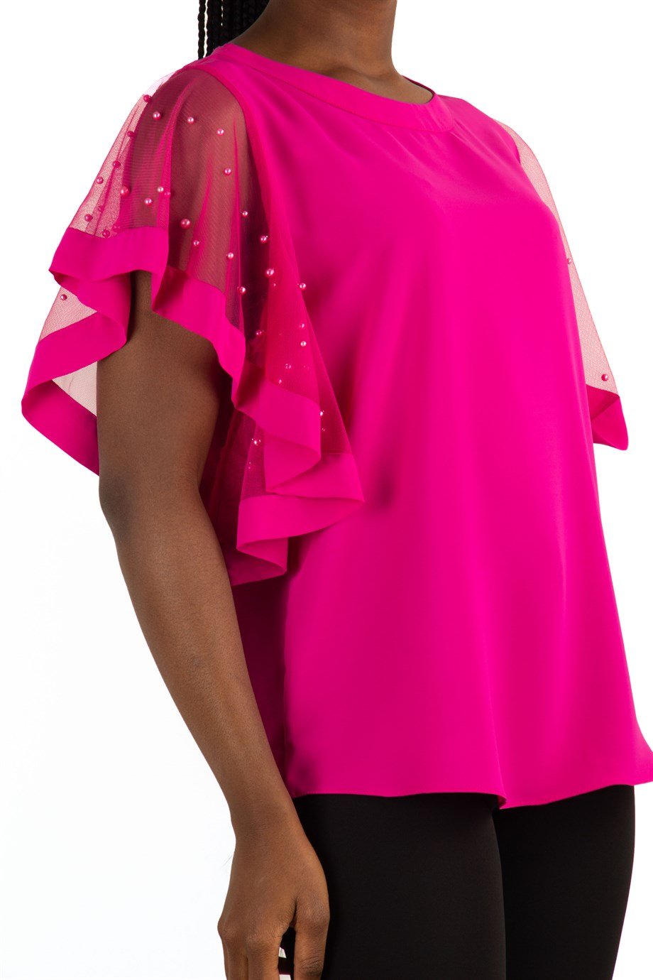Tulle Stone Detailed Sleeve Big Size Blouse - Fuchsia