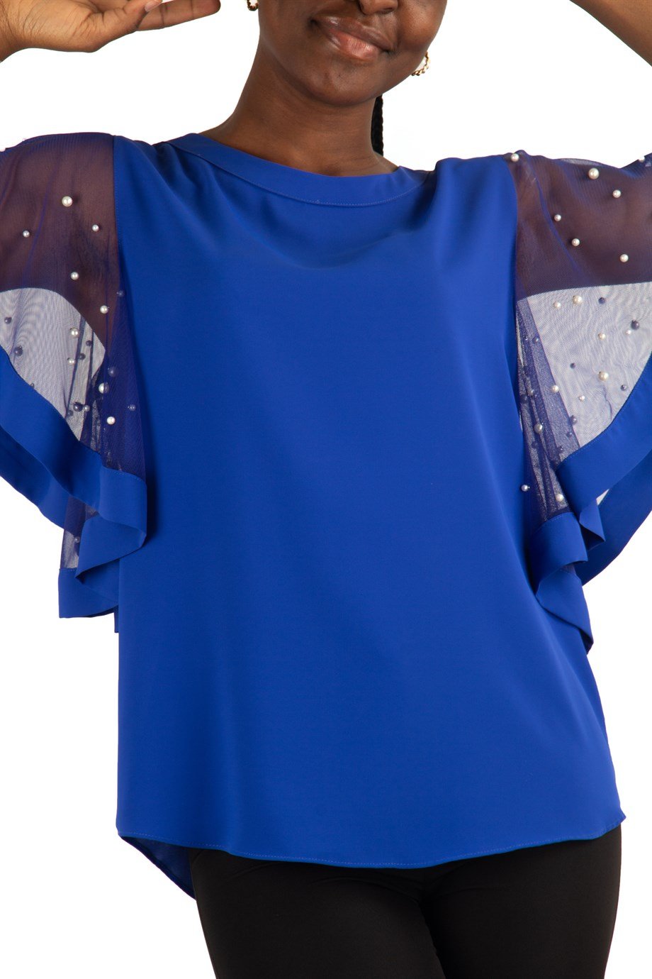Tulle Stone Detailed Sleeve Big Size Blouse - Saxe