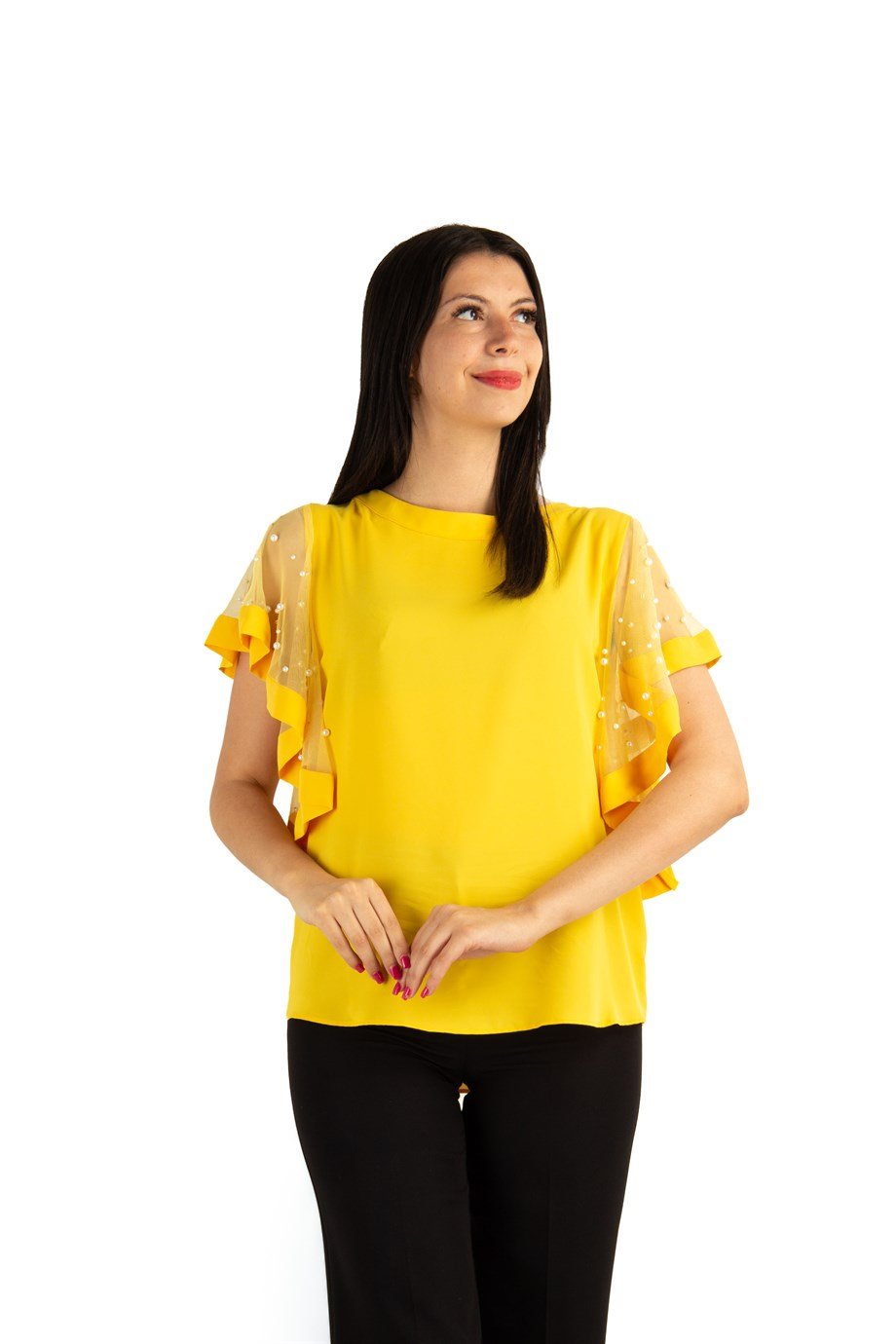 Tulle Stone Detailed Sleeve Big Size Blouse - Yellow