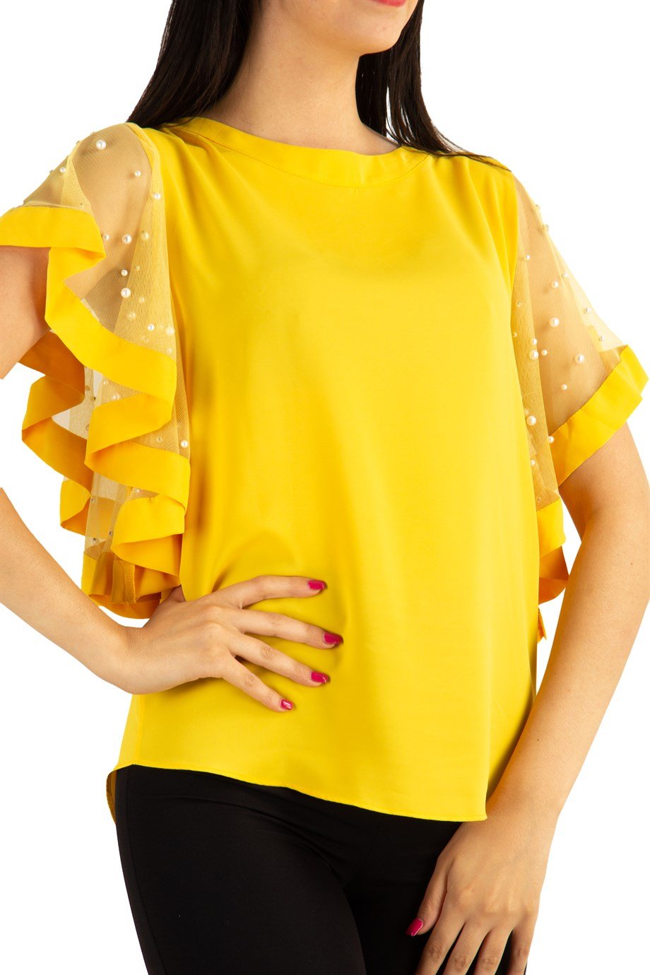 Tulle Stone Detailed Sleeve Big Size Blouse - Yellow