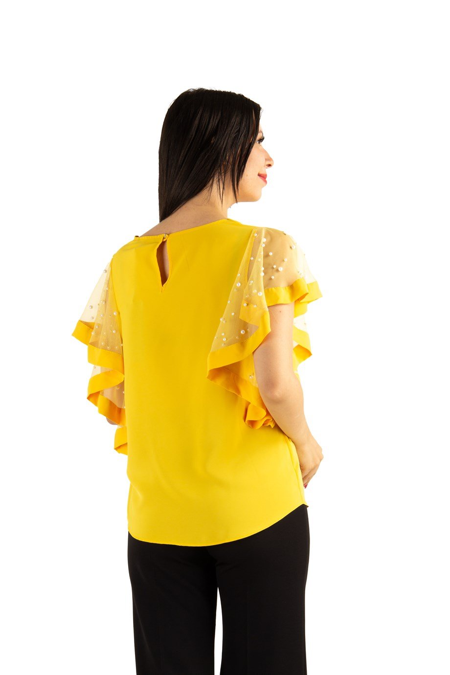 Tulle Stone Detailed Sleeve Big Size Blouse - Yellow