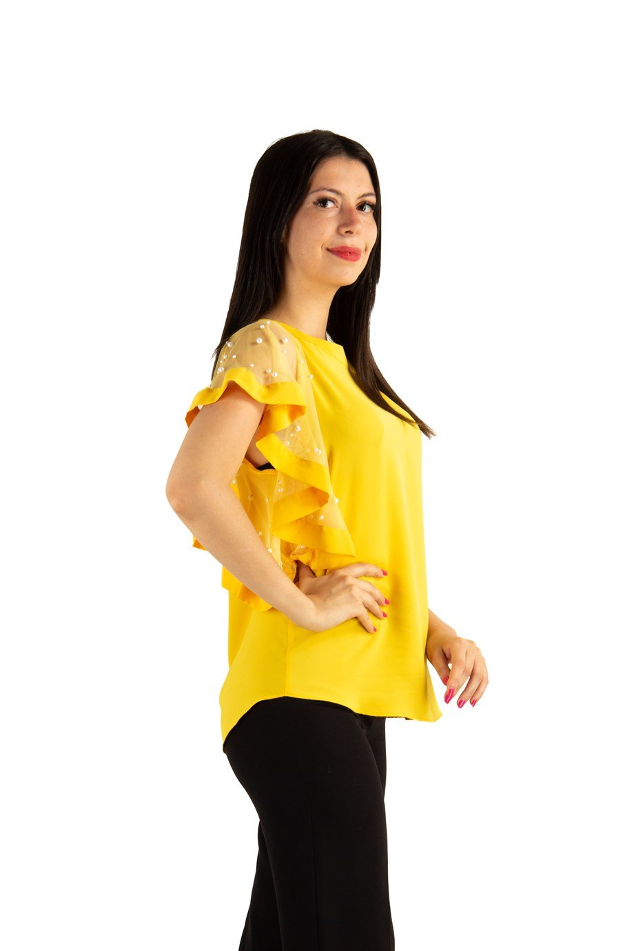 Tulle Stone Detailed Sleeve Big Size Blouse - Yellow