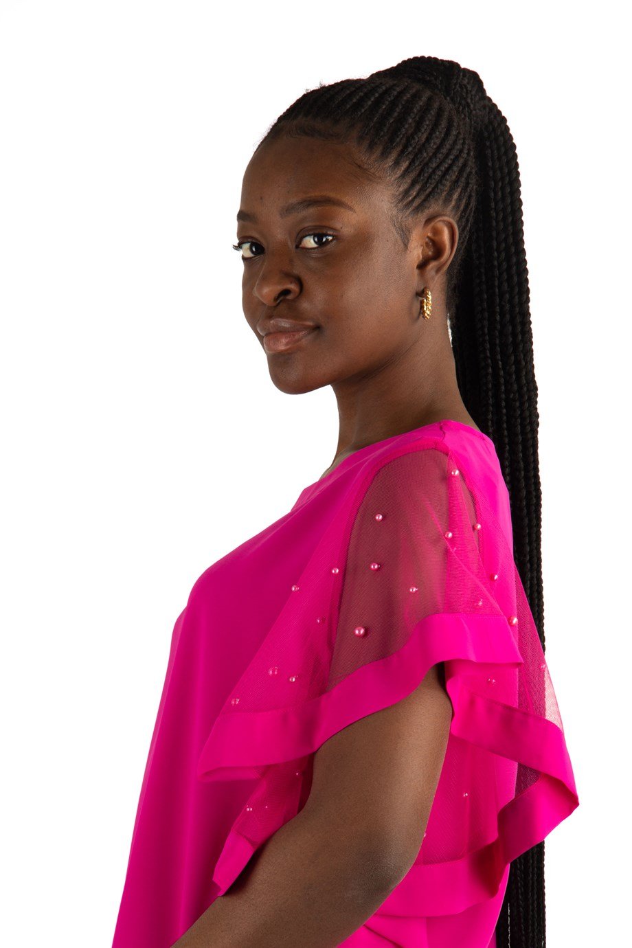 Tulle Stone Detailed Sleeve Big Size Blouse - Fuchsia