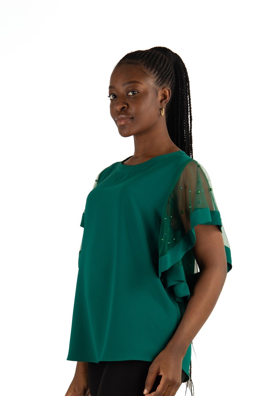 Tulle Stone Detailed Sleeve Big Size Blouse - Emerald Green