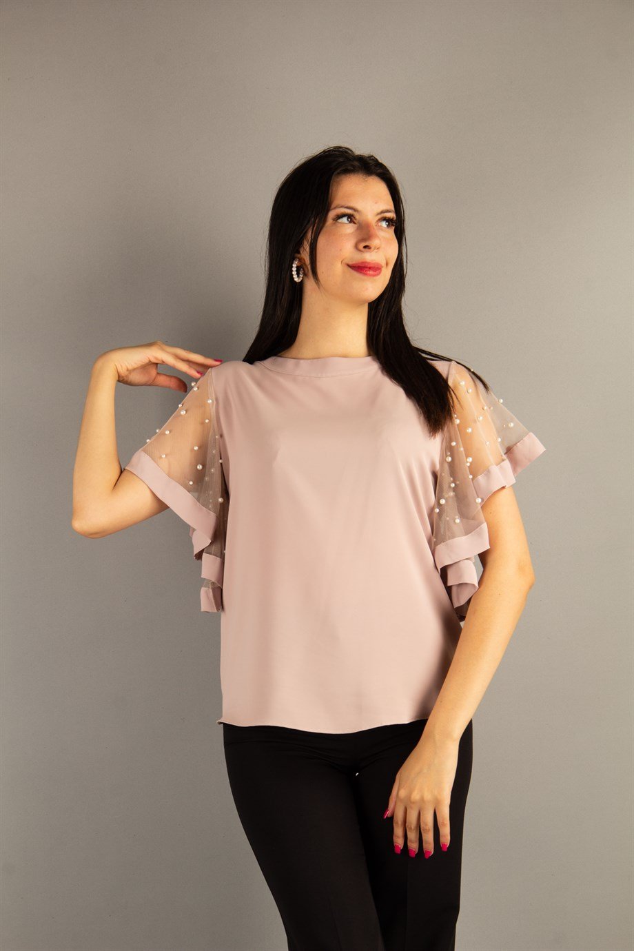 Tulle Stone Detailed Sleeve Big Size Blouse - Powder