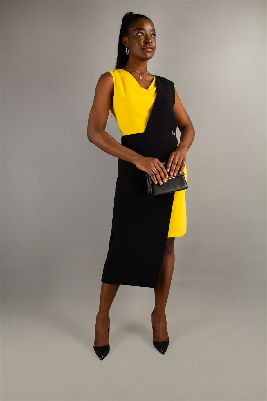 Two Piece Looking Dress with Chain - Yellow