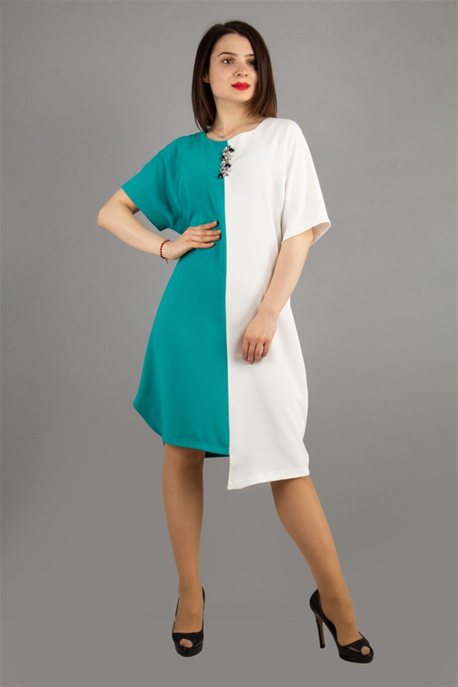 Two Tone Batwing Sleeve Dress With Brooch - Benetton Green