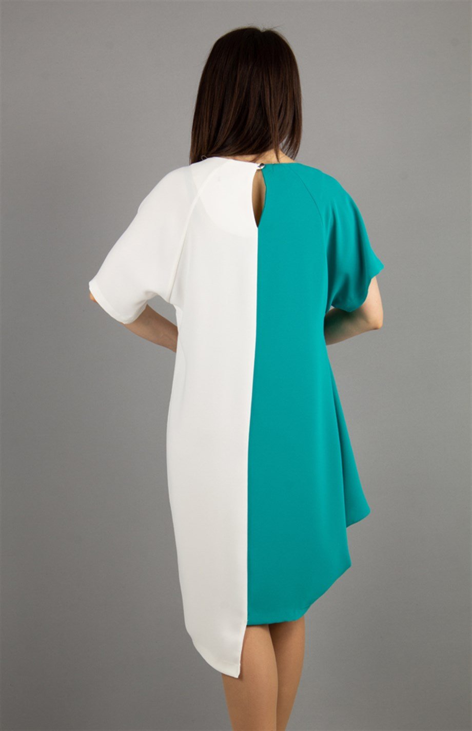 Two Tone Batwing Sleeve Dress With Brooch - Benetton Green