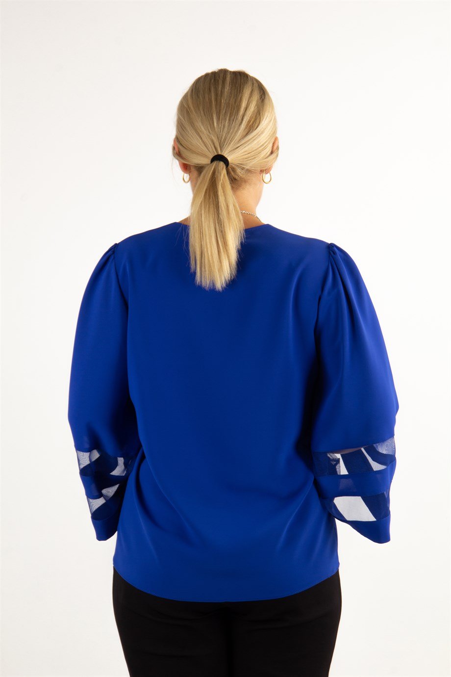 V Neck Bell Sleeve with Tulle Detail Big Size Blouse - Saxe