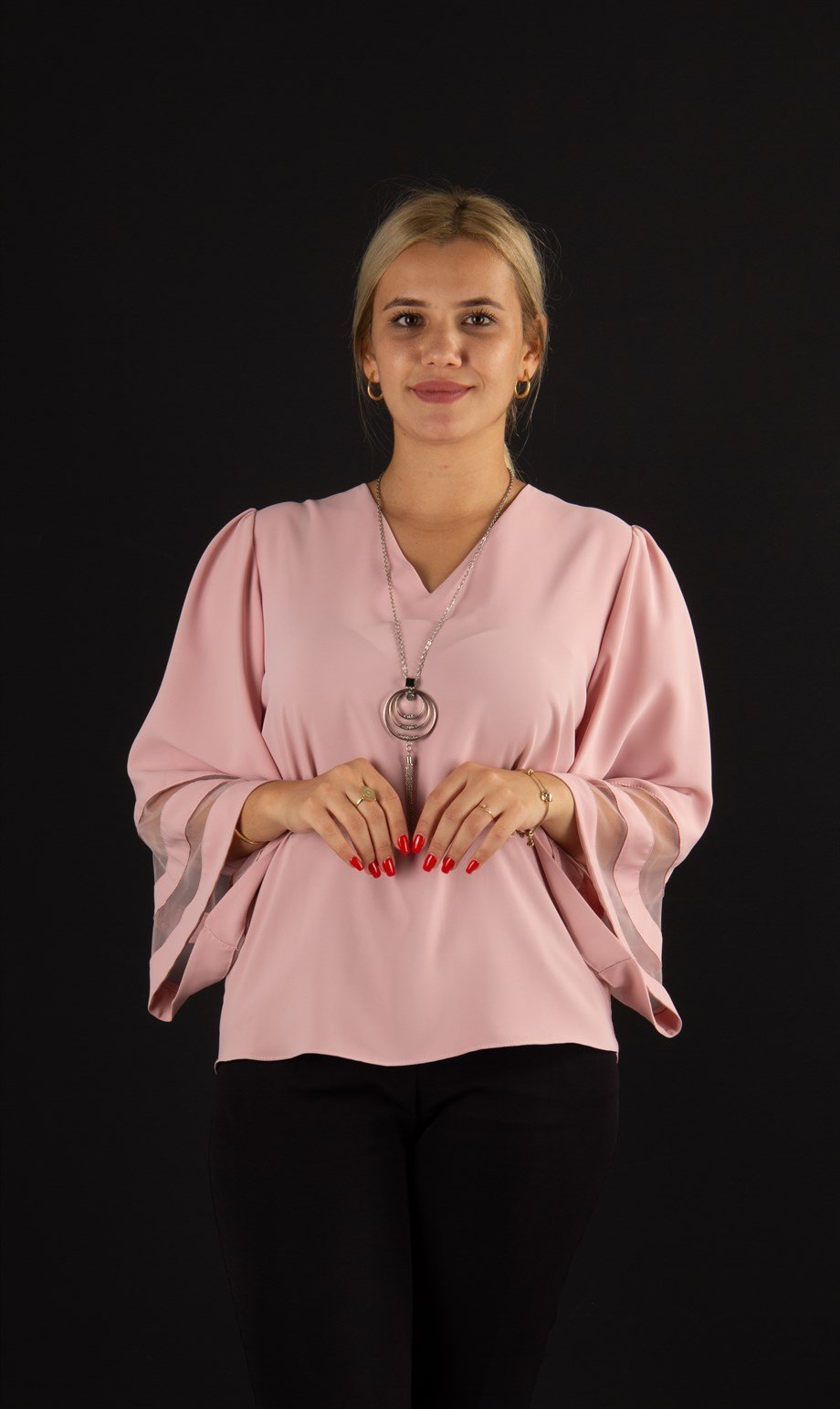 V Neck Bell Sleeve with Tulle Detail Big Size Blouse - Powder