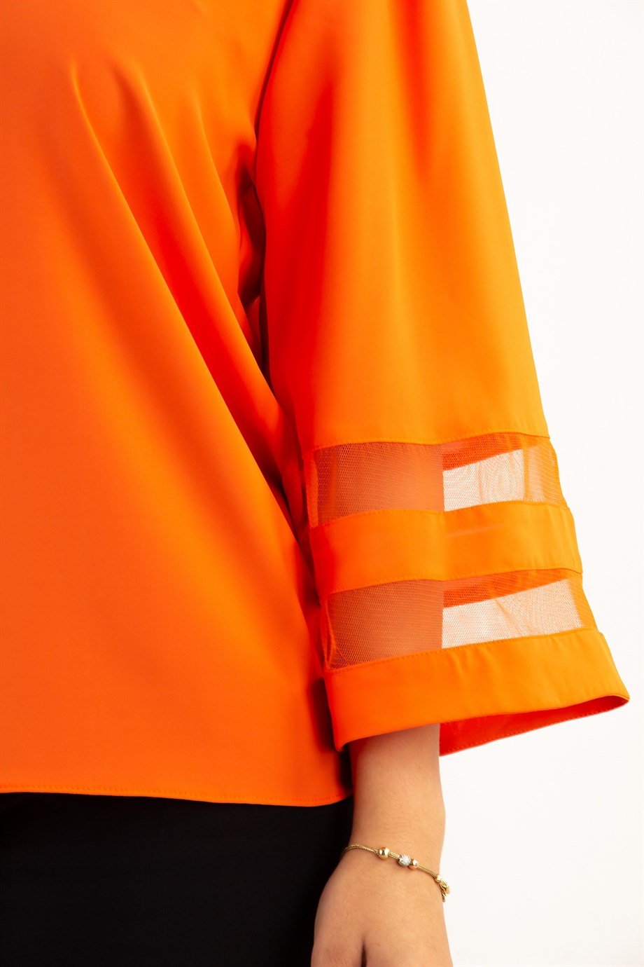 V Neck Bell Sleeve with Tulle Detail Big Size Blouse - Orange