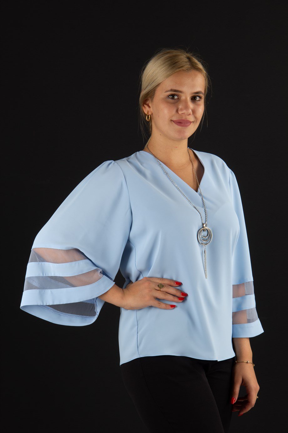 V Neck Bell Sleeve with Tulle Detail - Baby Blue
