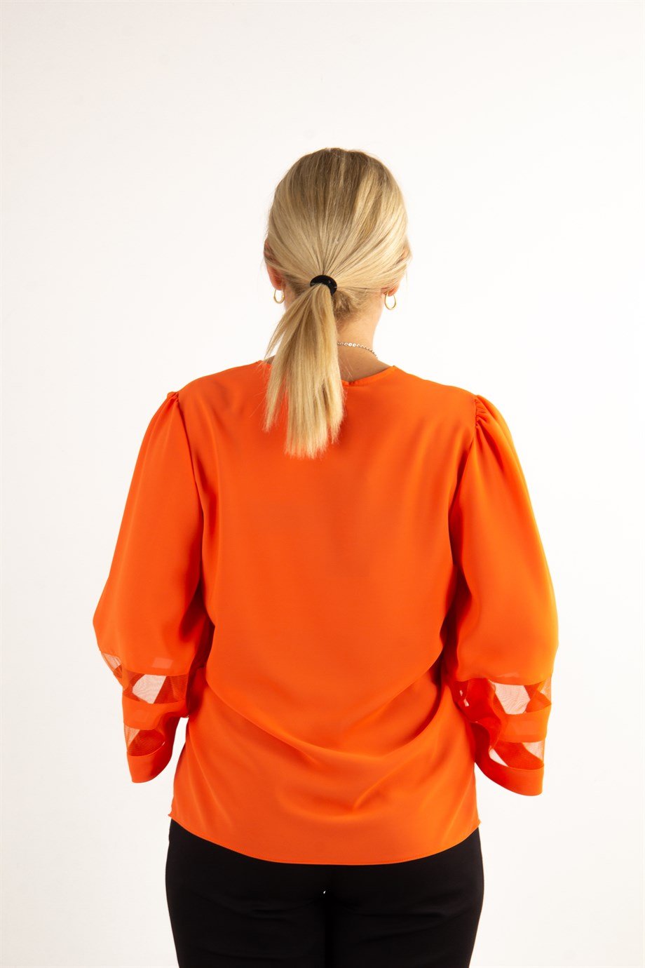V Neck Bell Sleeve with Tulle Detail Big Size Blouse - Orange