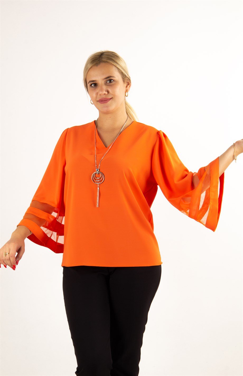 V Neck Bell Sleeve with Tulle Detail Big Size Blouse - Orange
