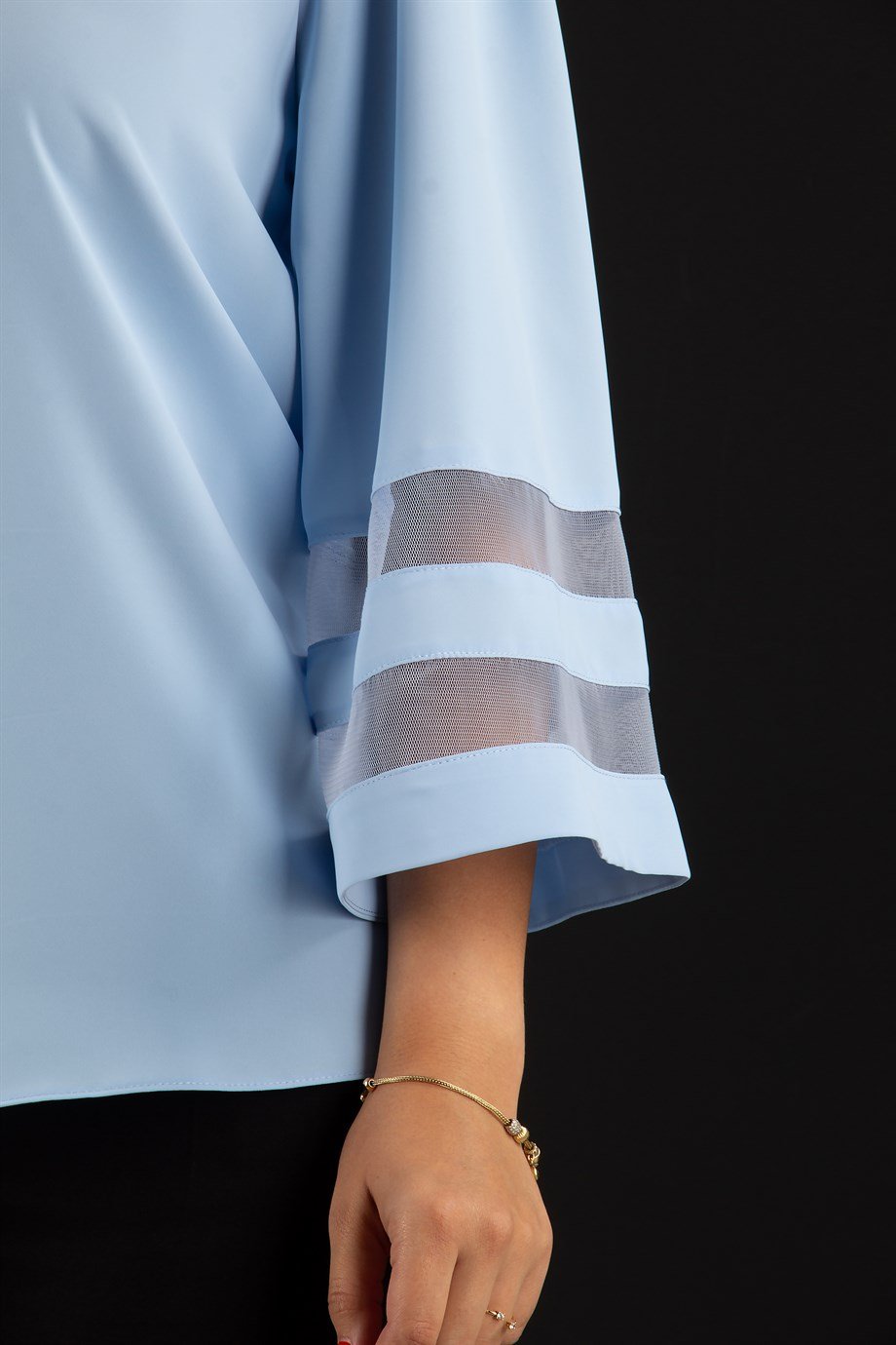 V Neck Bell Sleeve with Tulle Detail - Baby Blue