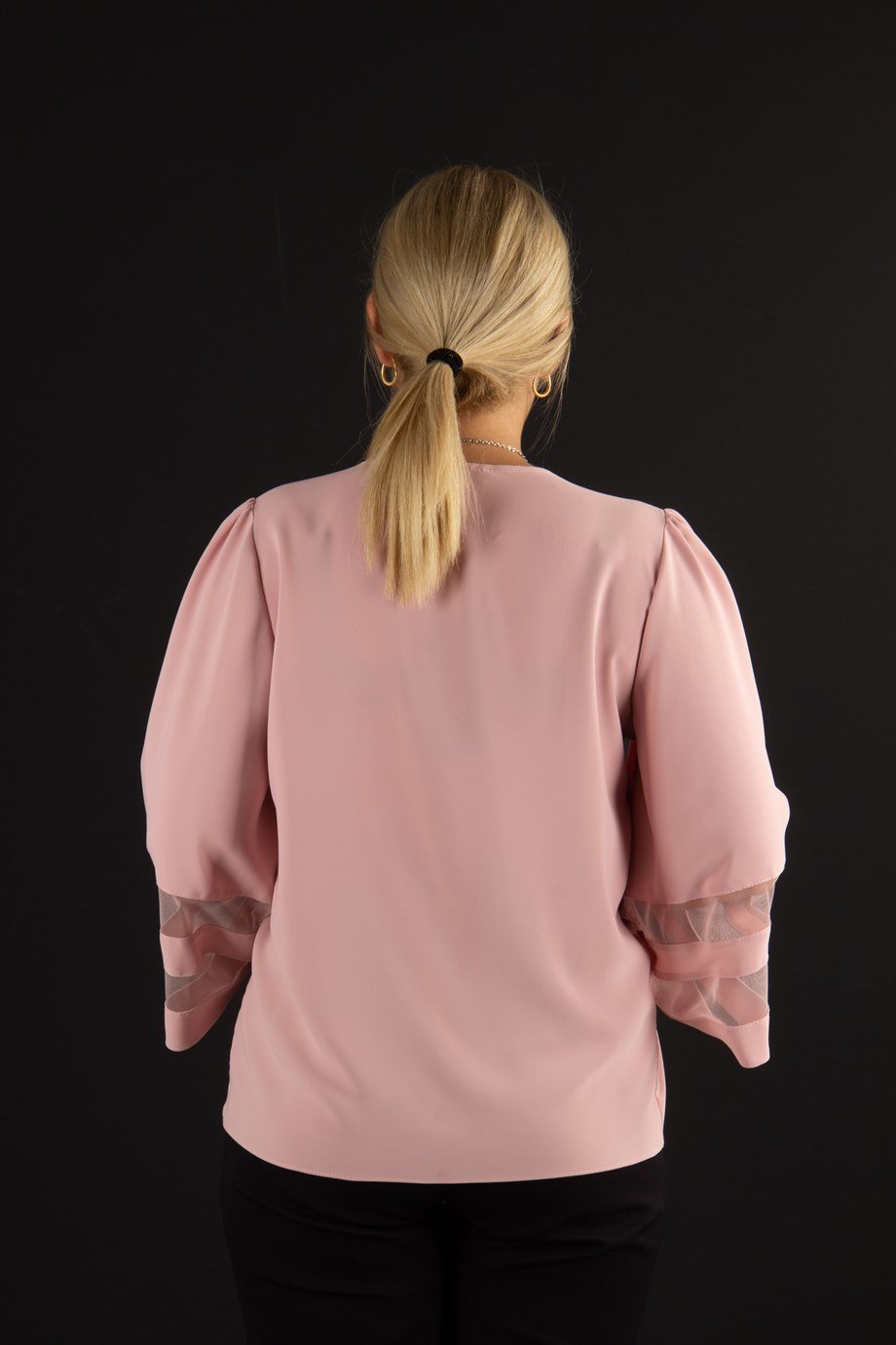 V Neck Bell Sleeve with Tulle Detail Big Size Blouse - Powder