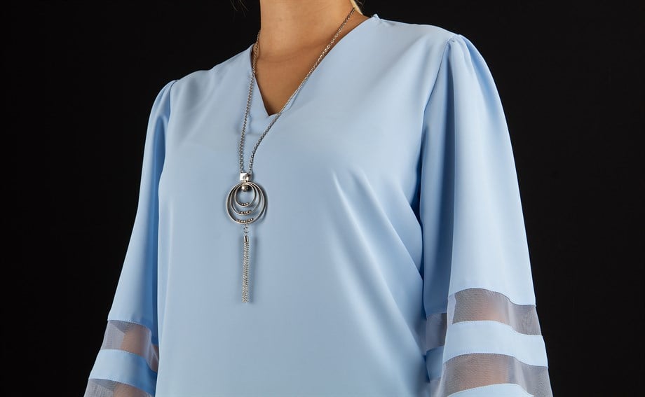 V Neck Bell Sleeve with Tulle Detail - Baby Blue