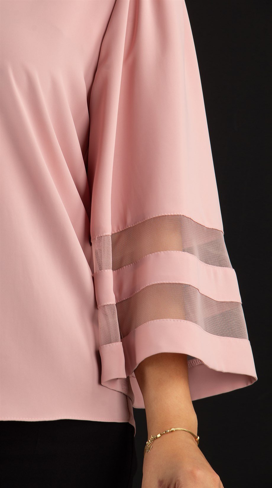 V Neck Bell Sleeve with Tulle Detail Big Size Blouse - Powder