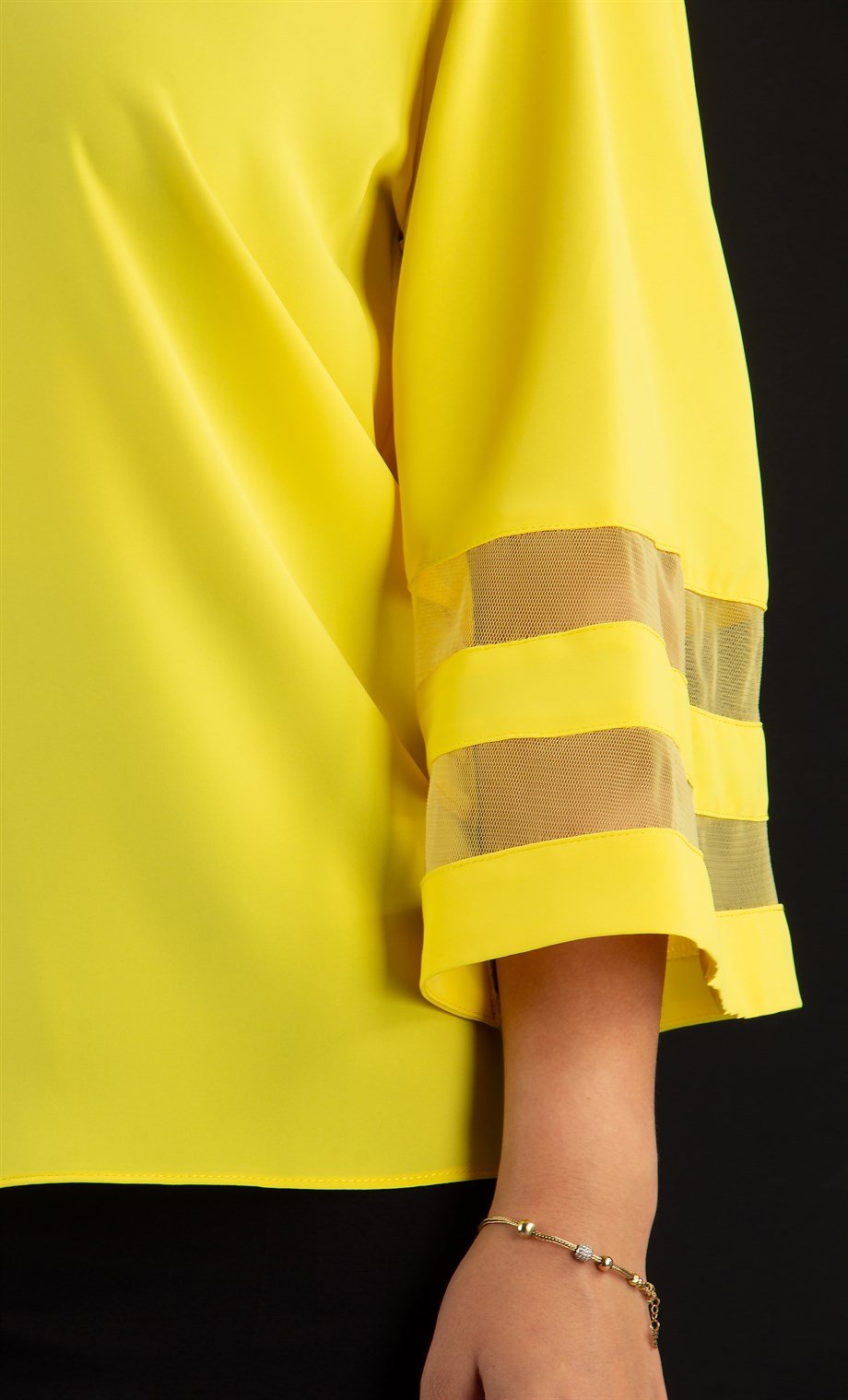 V Neck Bell Sleeve with Tulle Detail Big Size Blouse - Yellow