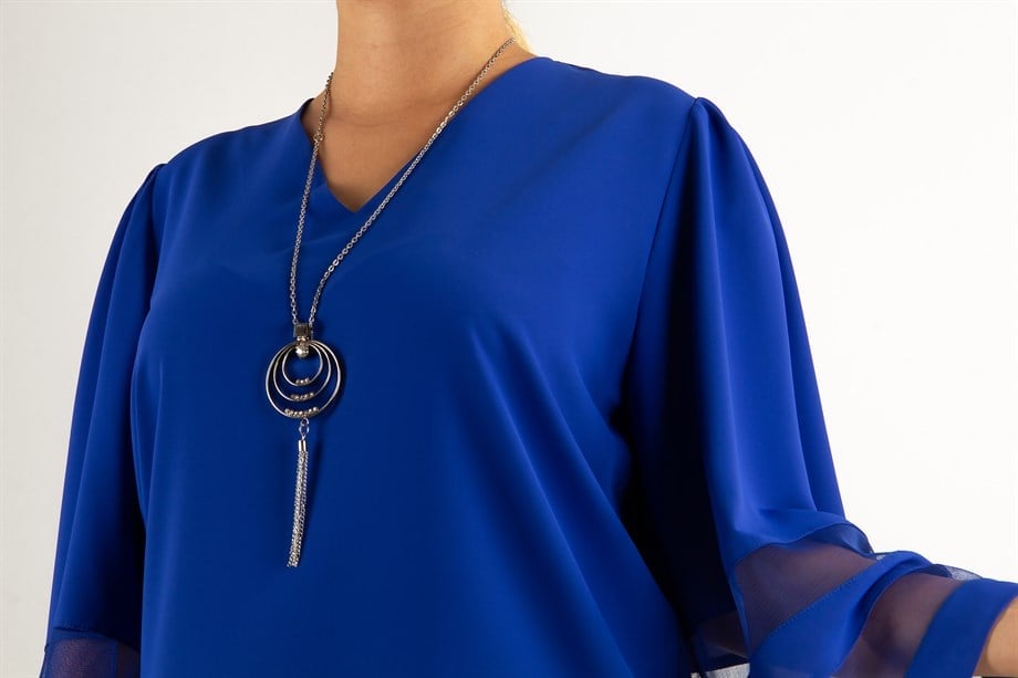 V Neck Bell Sleeve with Tulle Detail Big Size Blouse - Saxe
