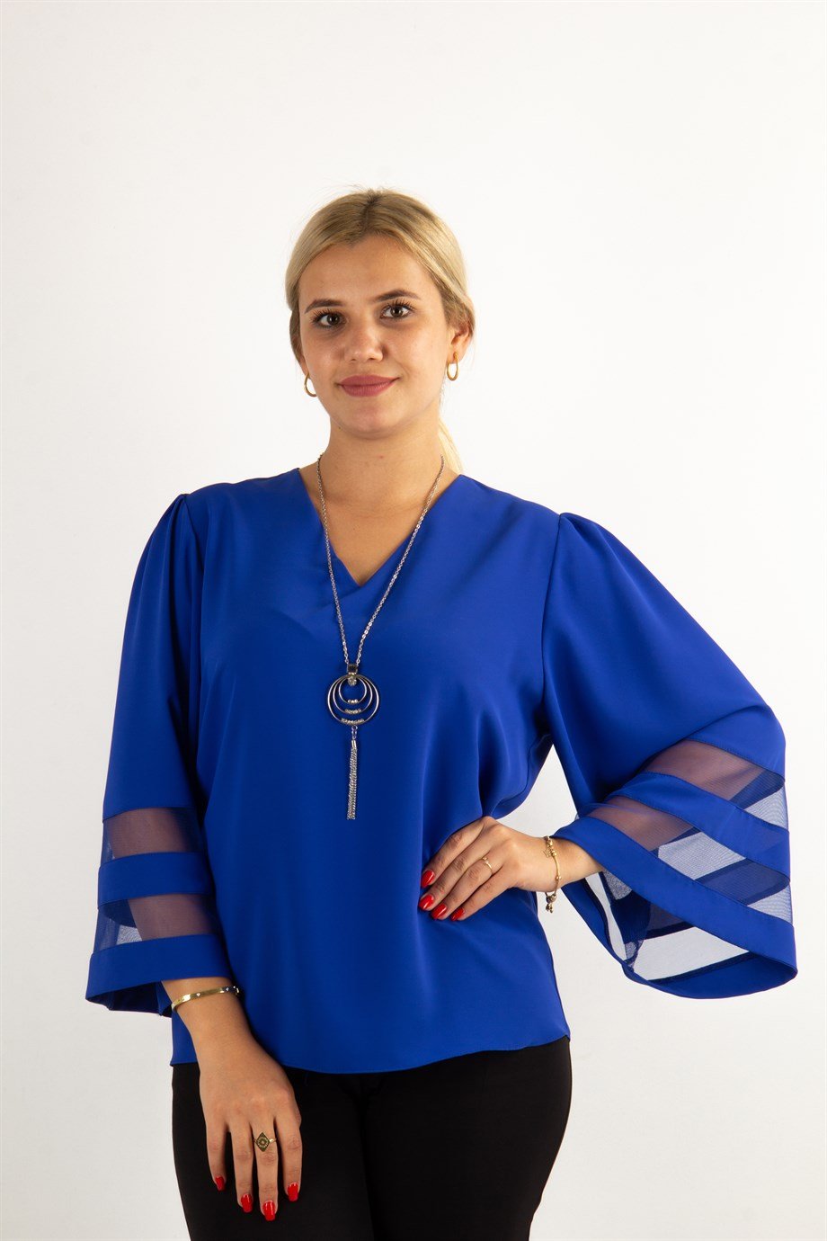 V Neck Bell Sleeve with Tulle Detail - Saxe