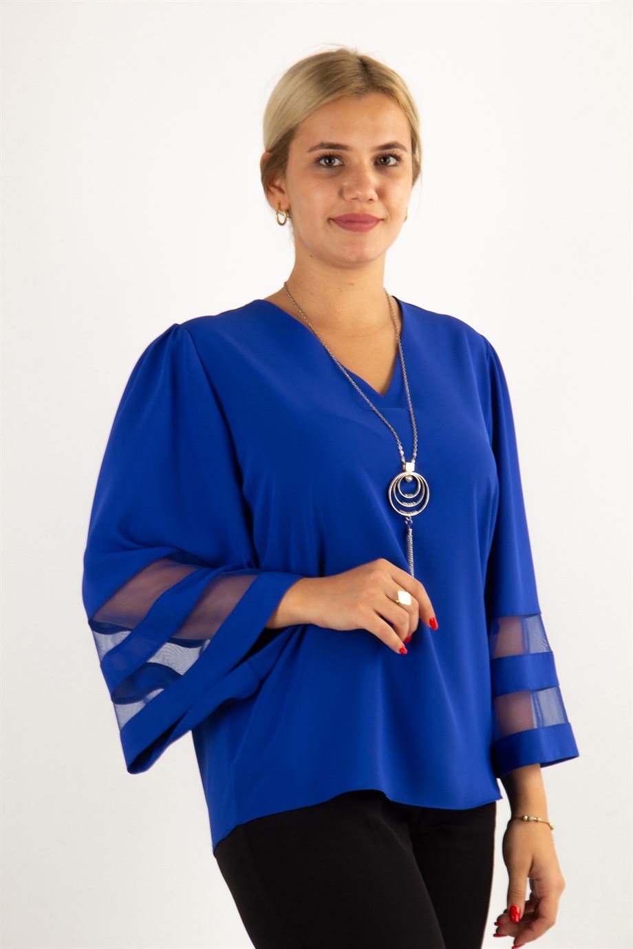 V Neck Bell Sleeve with Tulle Detail - Saxe