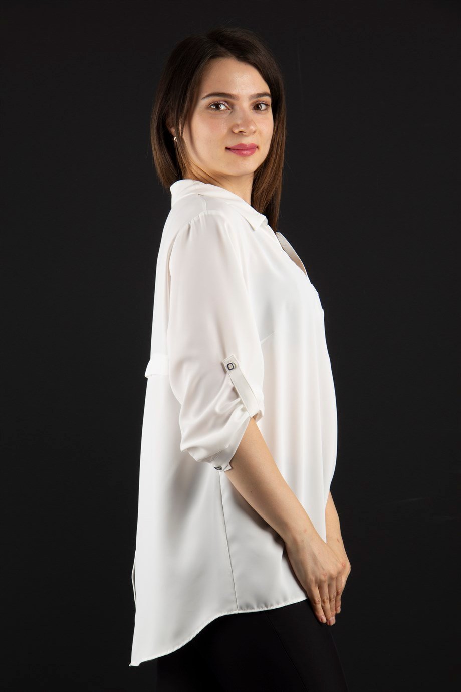 V Neck Big Size Blouse With Brooch Detail - White