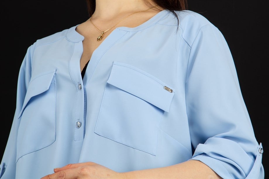 V Neck Big Size Blouse With Pocket - Baby Blue