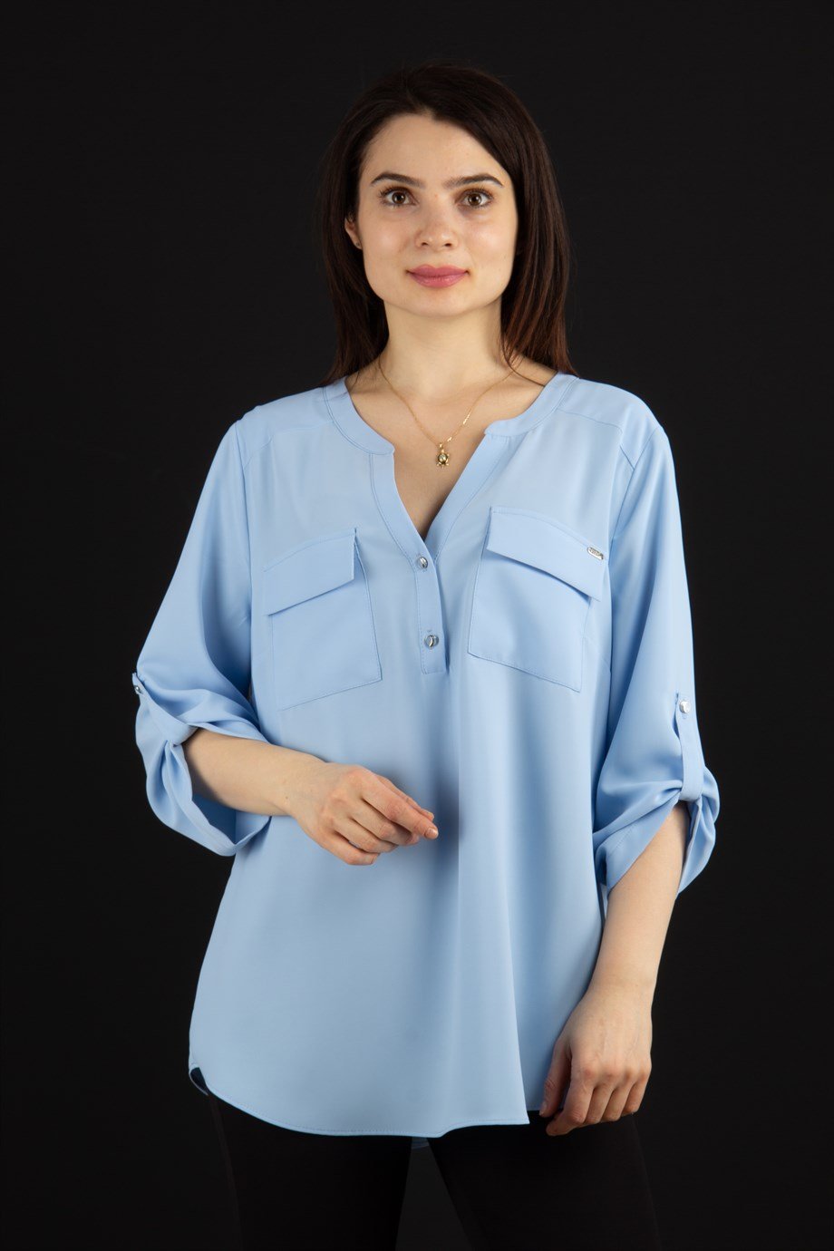 V Neck Big Size Blouse With Pocket - Baby Blue