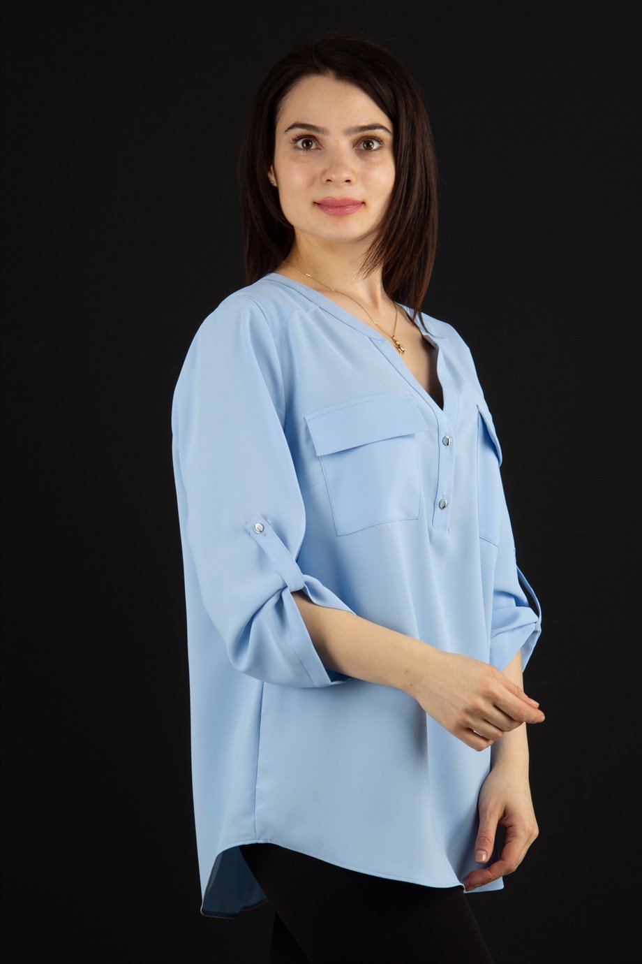 V Neck Big Size Blouse With Pocket - Baby Blue
