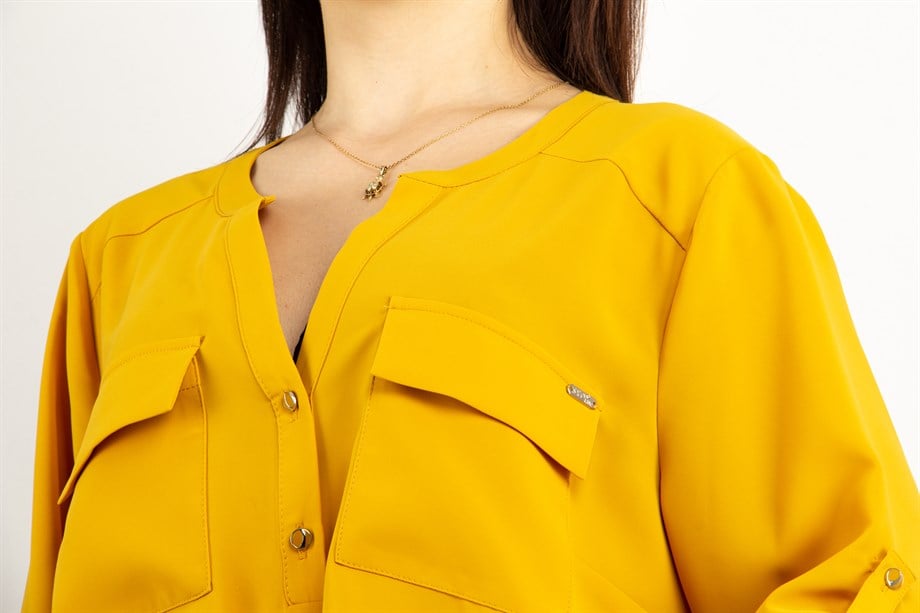 V Neck Big Size Blouse With Pocket - Yellow