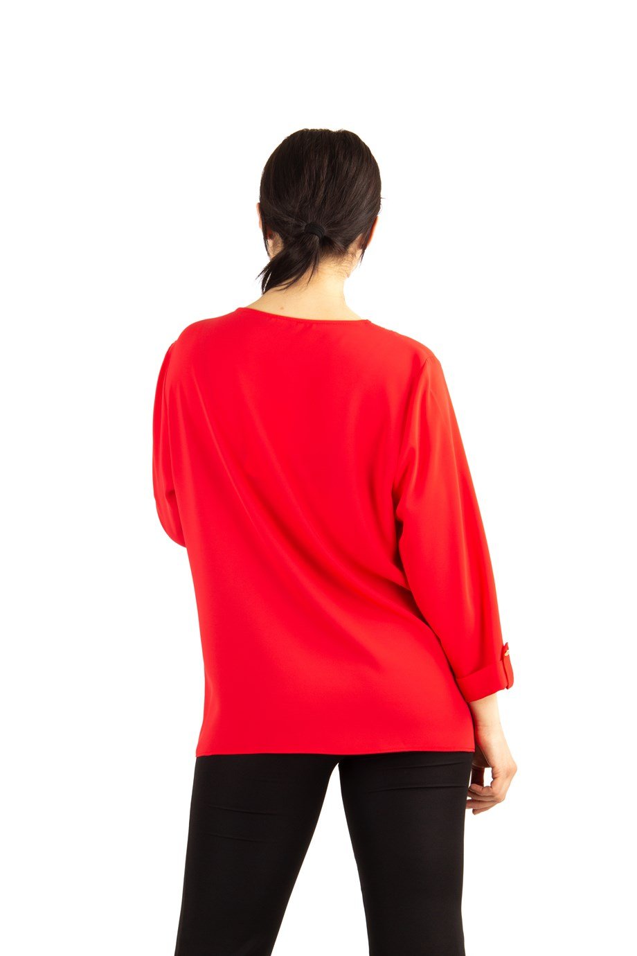 V Neck Big Size Top With Brooch Detail - Red