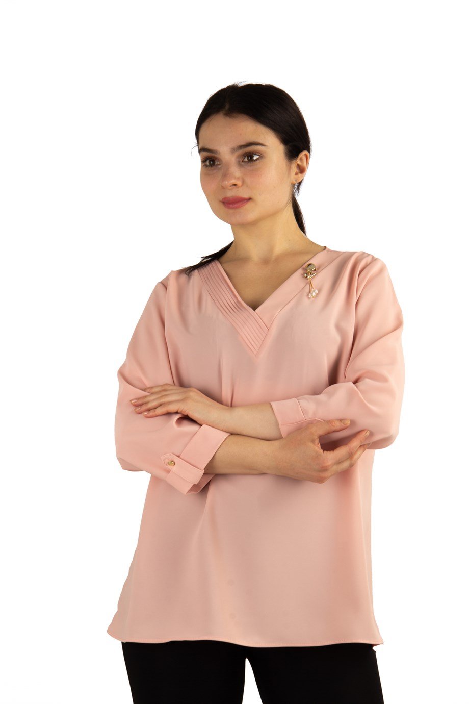 V Neck Big Size Top With Brooch Detail - Salmon Pink