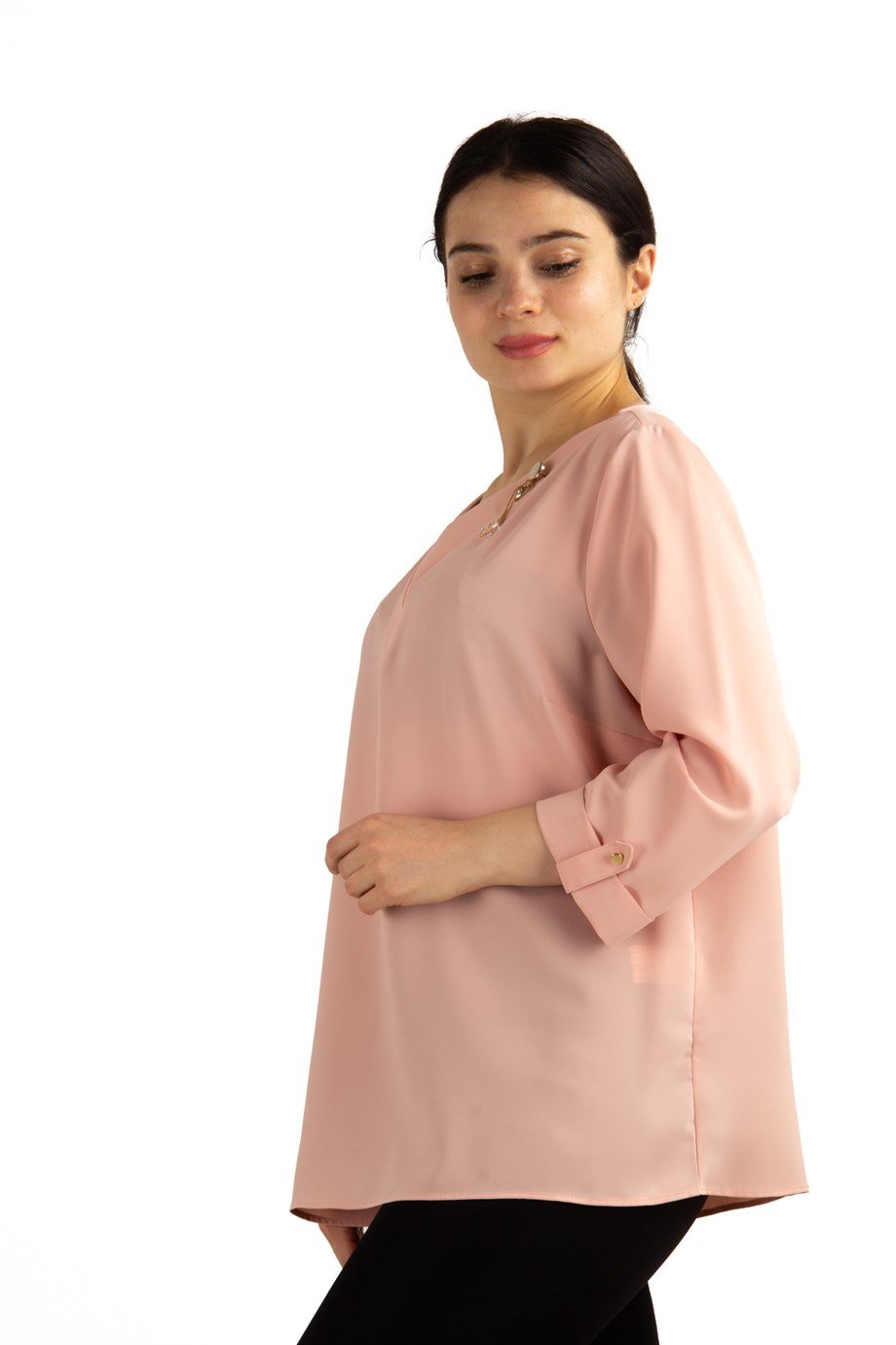 V Neck Big Size Top With Brooch Detail - Salmon Pink