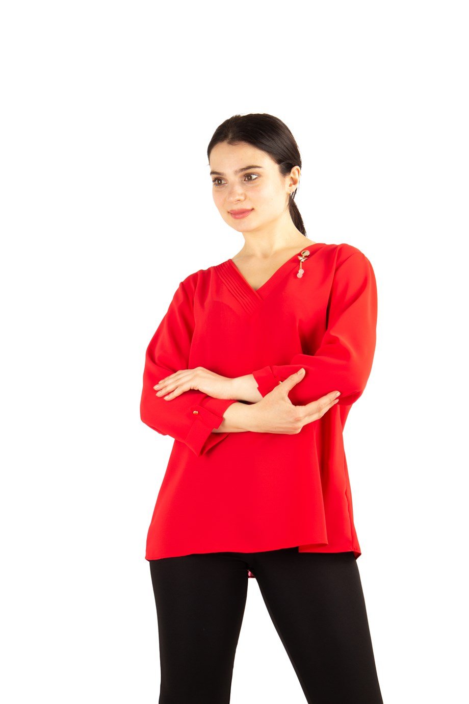 V Neck Big Size Top With Brooch Detail - Red