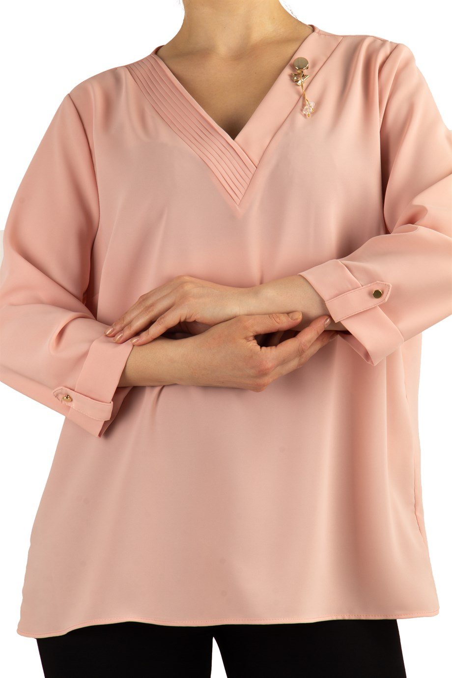 V Neck Big Size Top With Brooch Detail - Salmon Pink