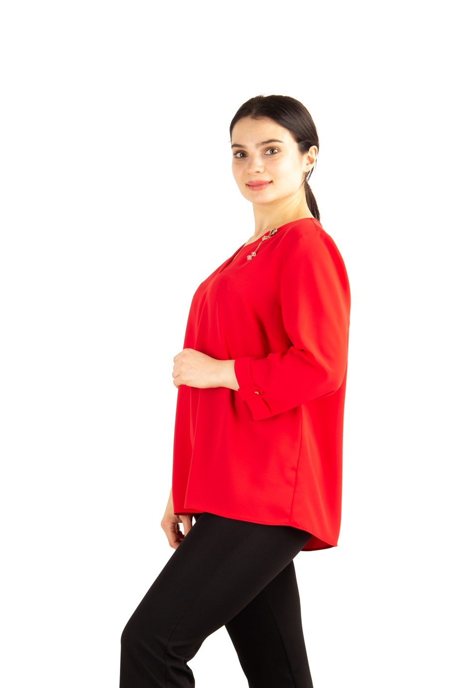 V Neck Big Size Top With Brooch Detail - Red
