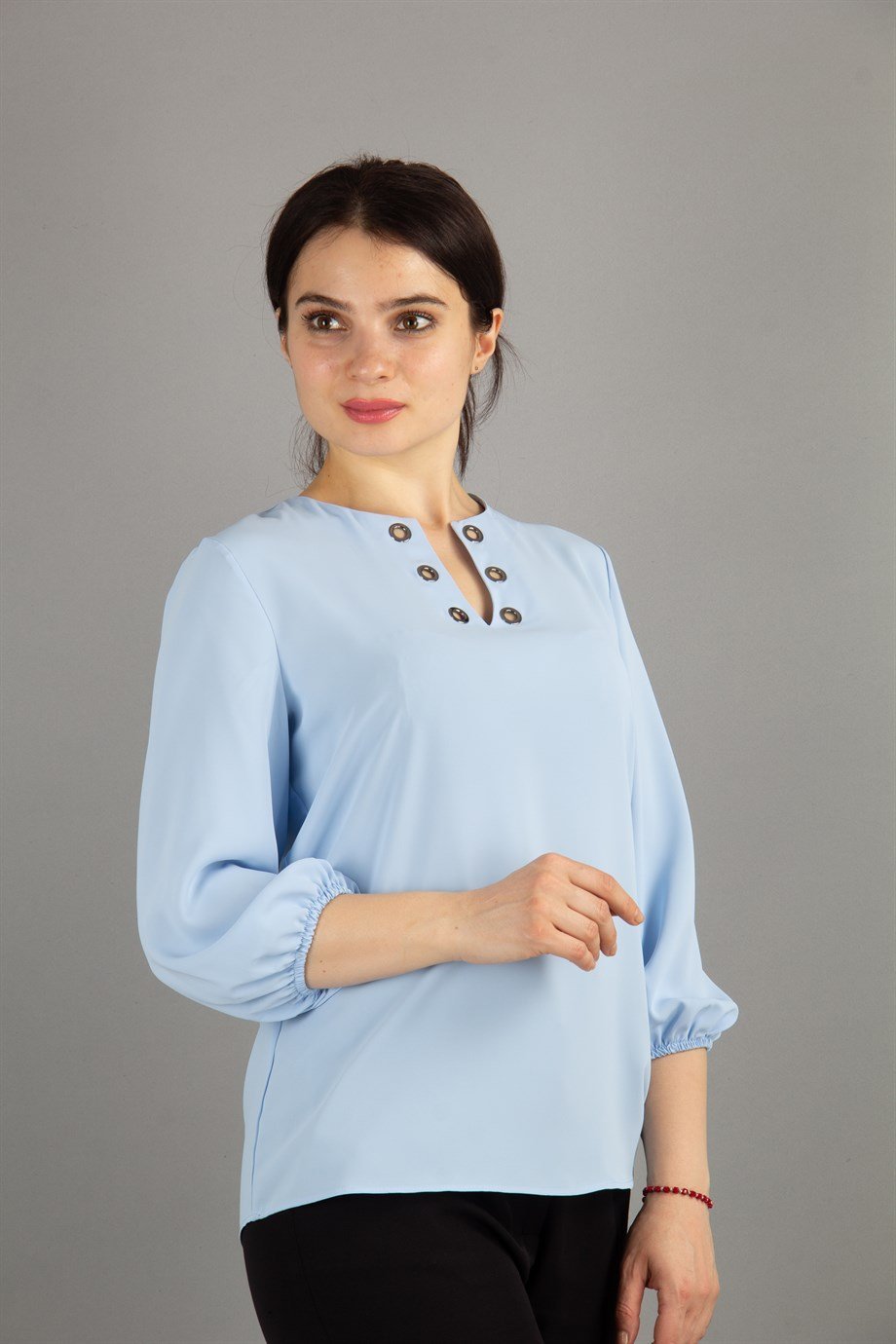 V Neck Eyelet Top - Baby Blue